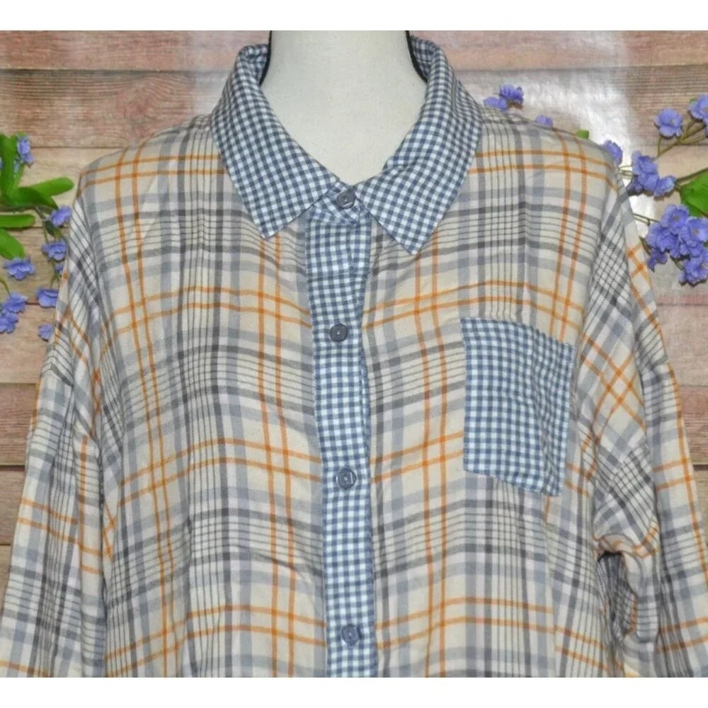 NWT Roudelain Womens XL Long Sleeve Flannel Sleep Shirt Nightgown Plaid Gingham